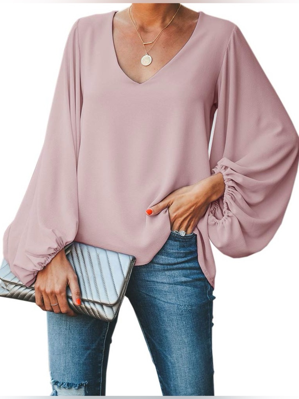 Dusty Pink V-Neck Blouse with Puff Ruched Sleeves